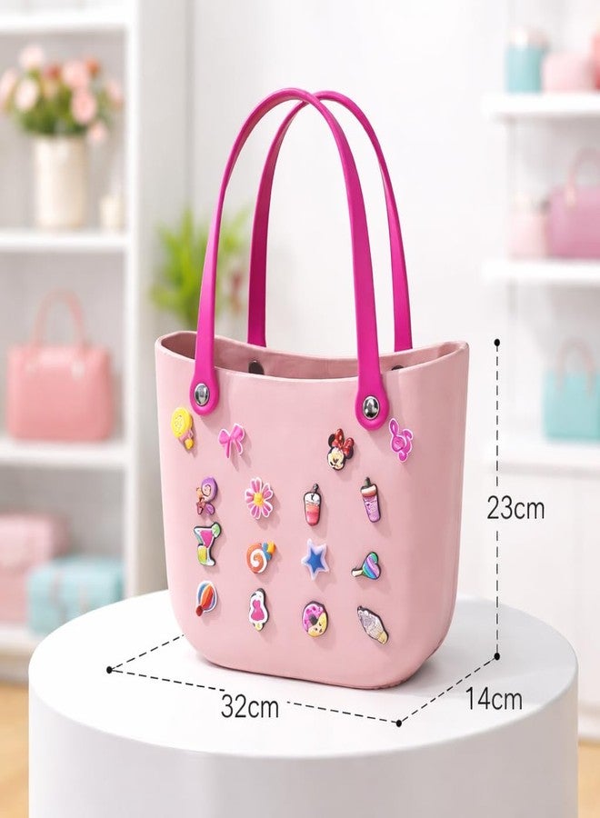 RAMNATH IMPEX Trendy Fashion Pink Eva Silicone Tote Bag for Girls & Women | Soft Waterproof Lightweight Handbag with Cute Charms | Gym Bag, Office Bag, Reusable Shopping, Beach, Travel Carry Bag Gift for Her. - Image 3